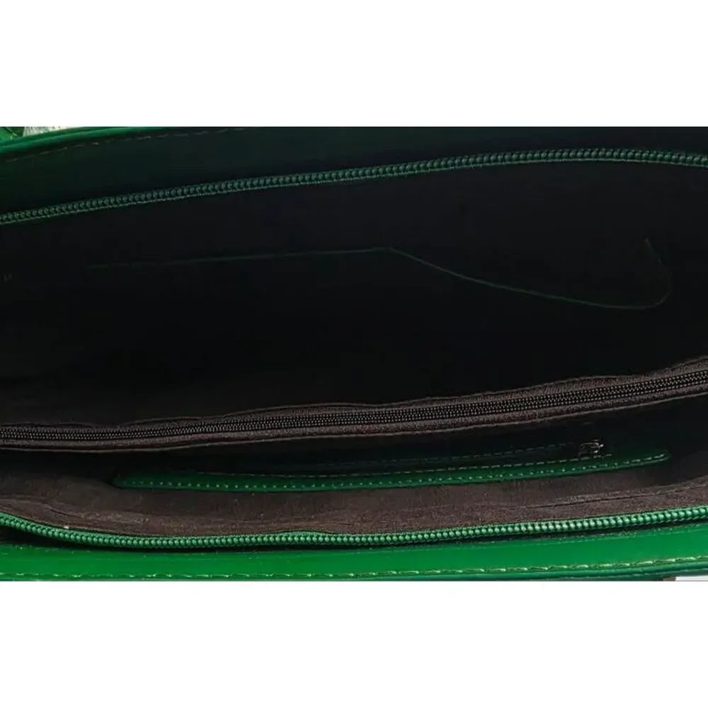 Emerald Green Patent Satchel Handbag Glossy Top Handle Bag Structured NWOT